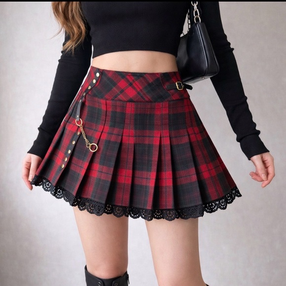 Chou Yatou Dresses & Skirts - Red Plaid Pleated Mini Skirt with Lace Hem and Buckle Detail Size Small